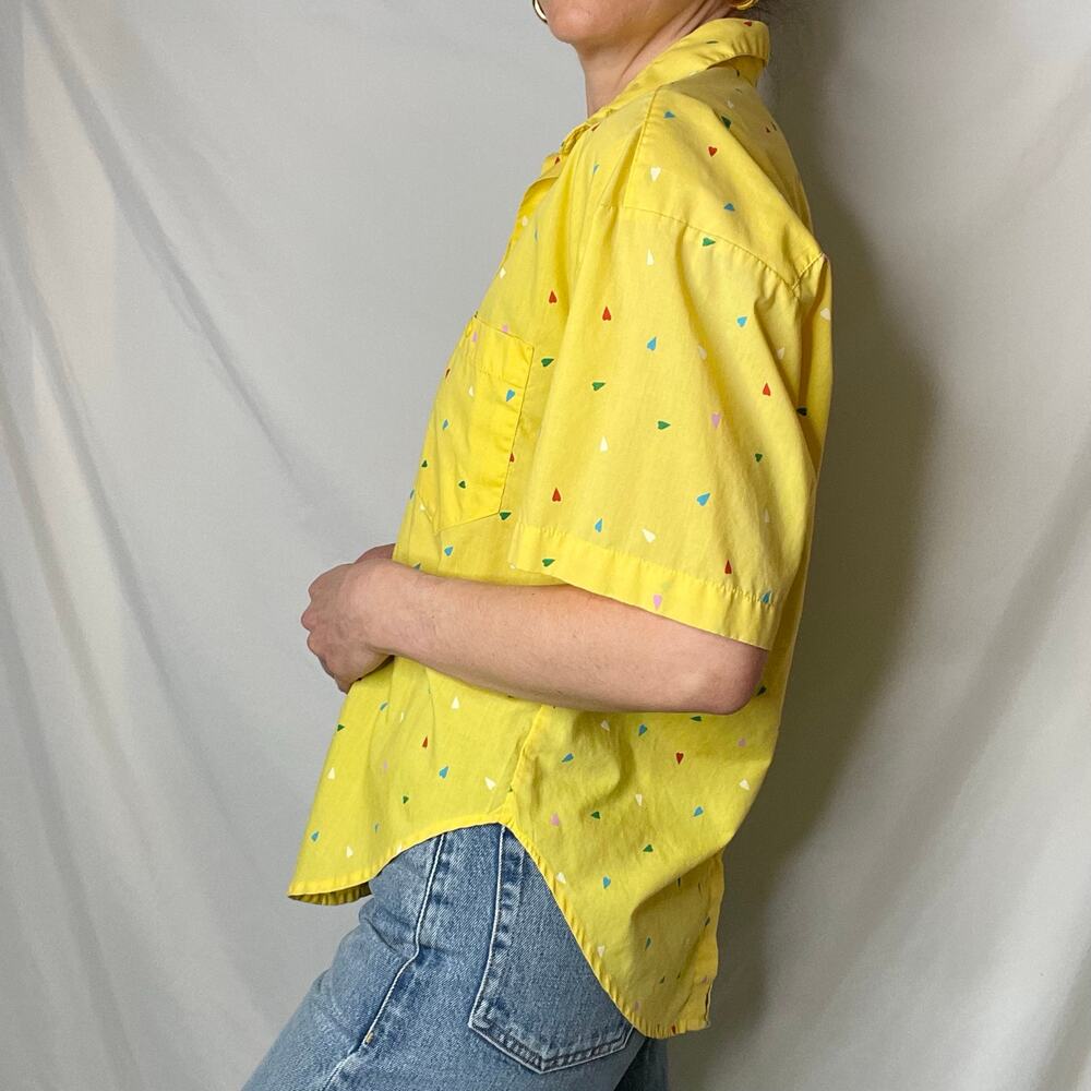 Vintage 80s 90s heart print yellow button-down shirt blouse oversized hearts S - Picture 12 of 17